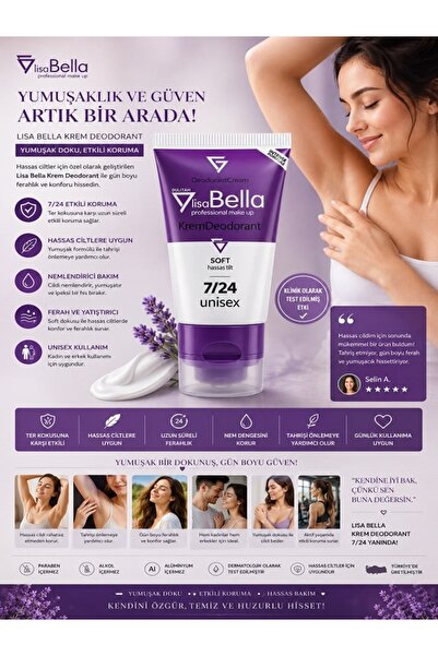 BY UTAH LİSA BELLA Soft Hassas Ciltlere Özel 7 Gün Etkili Unisex Krem Deodora...
