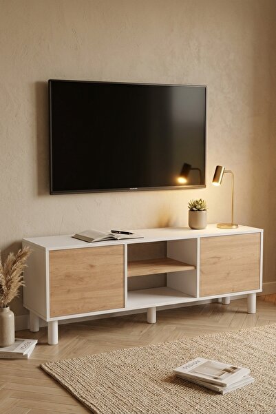 L'occi Concept Velora Tv Ünitesi Sehpası 160cm Bohem Raflı Kapaklı Beyaz-Sepe...