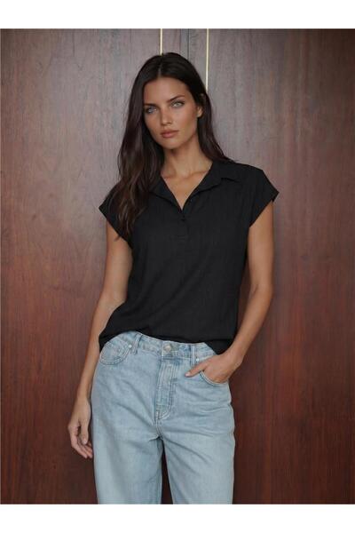 WeShaya Black Knitted Stretchy Textured Polo Collar Straight Cut Short Sleeve...