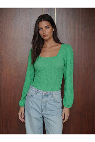 WeShaya Green Stretchy Textured Long Sleeve Square Neck Straight Cut Polyeste...