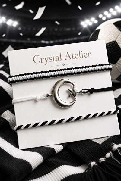Crystal Atelier مجموعة أساور القمر والنجمة باللونين الأسود والأبيض - سوار مزخ...