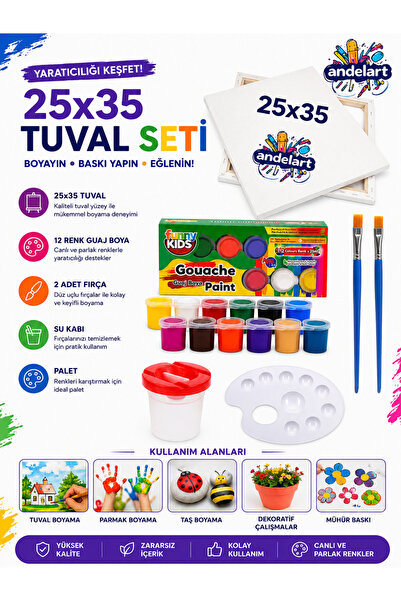 andelart Guaj Boya Seti 25x35 Tuval, 12 Renk Boya, Palet Ve 2 Adet Fırça