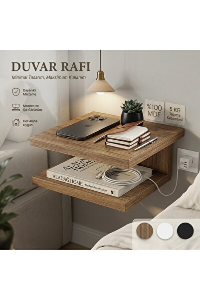 ALADAĞ HOME Minimalist Duvar Tipi Ceviz Yatak Yanı Raf – 2 Katlı Telefon ve S...