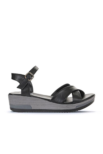Bueno Shoes Black Leather Women's Wedge Heeled Sandals 01Wl3303