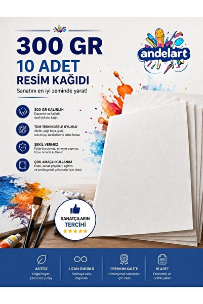 andelart Kaliteli Resim Kağıdı 300 gr A4 10 Adet Akrilik Ve Sulu Boya Kağıdı ...
