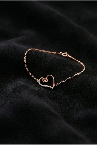 Roza Silver 925 Ayar Rose Zirkon Taşlı Düğüm Kalp Gümüş Bileklik