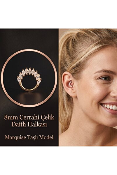 Bylin Cerrahi Çelik Daith, Septum Badem Tiara Zirton Taşlı Altın Kilitli Halk...