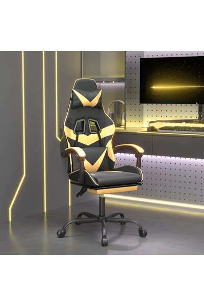 Concept Scaun de gaming cu suport picioare negru/auriu, piele ecologică