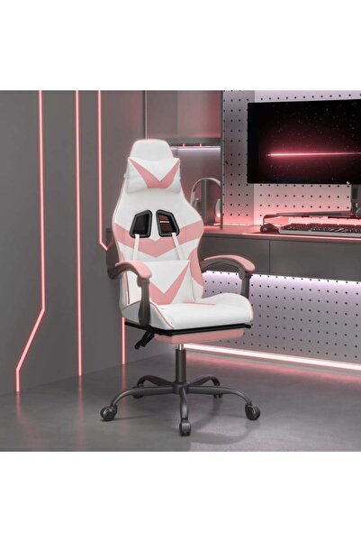 Concept Scaun de gaming cu suport picioare, alb/roz, piele ecologică