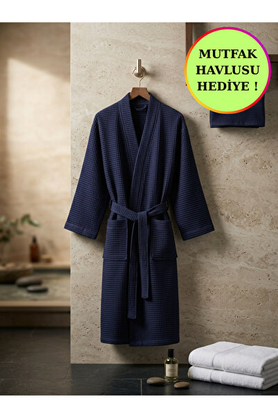 KOBEHOME Unisex Lacivert Waffle Bornoz | %100 Pamuk-Kimono Yaka-Cepli-Yumuşak...