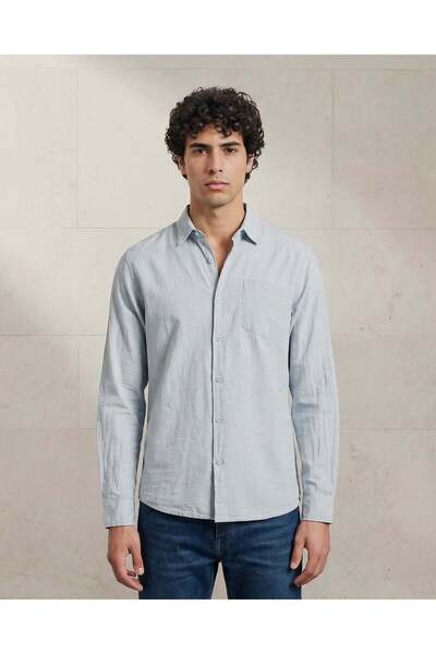 REDTAG Men’s Sky Blue Long Sleeve Linen Blend Shirt