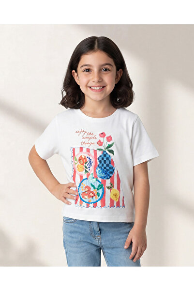 REDTAG Girls White Floral Sequin Embellished T-Shirt