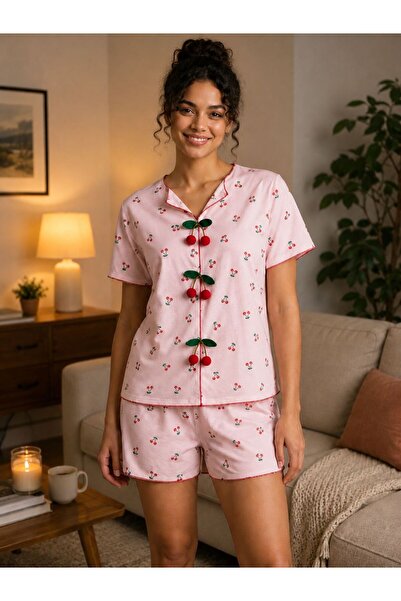 BALİS PİJAMA Women's Pompom Cherry Detailed Cotton Short Sleeve Shorts Home W...