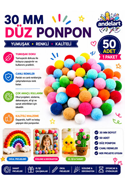 andelart 30 mm Büyük Boy Renkli Ponpon - 50’li Karışık Renk Paket - Okul Önce...