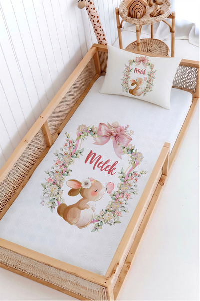 Lilabio %100 Pamuk İsme Özel Montessori Yatak Pike Seti 100x200 Minik Tavşan