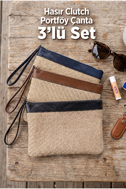 GLONDY Jolie Hasır Kadın Portföy & Clutch El Çantası 3'lü Set