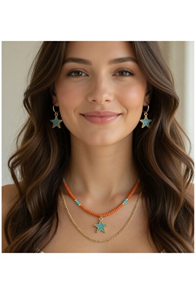İPAR AKSESUAR Sand Beaded Chain Double Necklace & Earrings Set