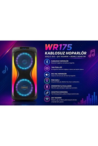 Subzero Wr175 8"×2 2 Kablosuz Mikrofonlu Kumandalı Tweeter RGB Bluetooth - us...