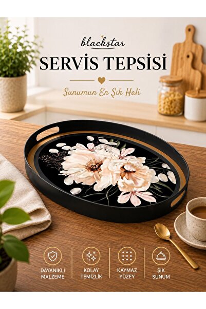 Blackstar Beyaz Çiçek Desenli Oval Tepsi Siyah