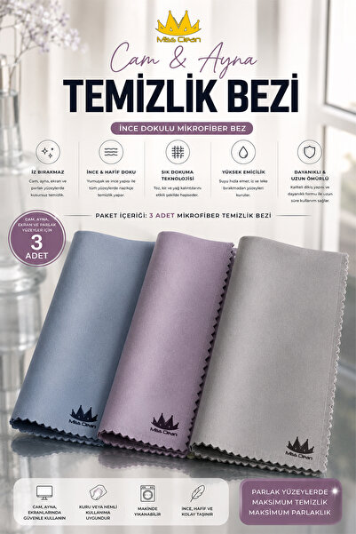 Miss Clean ( 3 Adet ) Mikrofiber Cam Ve Ayna Temizlik Bezi 40x50 Cm