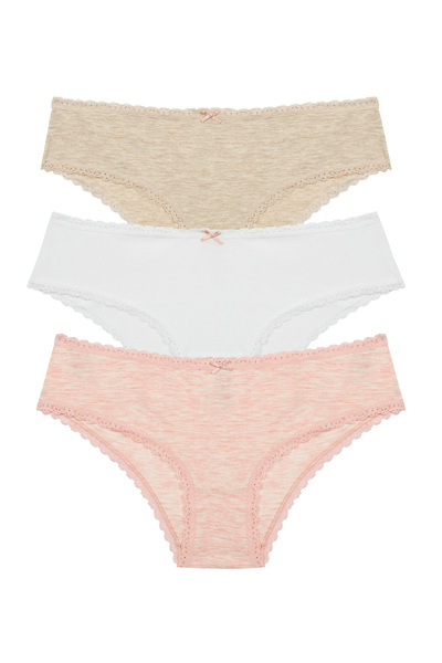 Penti Chiloți slip din bumbac bej, cu dantelă, pachet de 3, Daily Lace