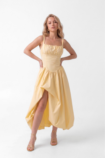 Auragul Corset - Gathered Detailed, Slit Balloon Skirt Midi Dress
