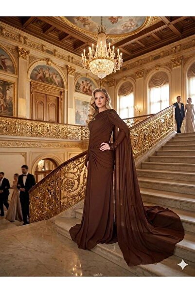 Kenzel Long Sleeve Stone Embellished One Sleeve Cape Long Evening Dress