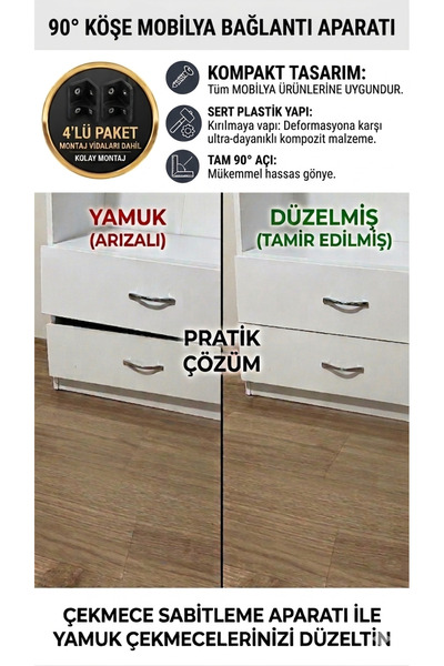 Premium Mobilya ve Çekmece Birleştirme Braketi Seti (4 Adet L Braket + 8 Adet Montaj Vidası) - Beyaz Köşebent