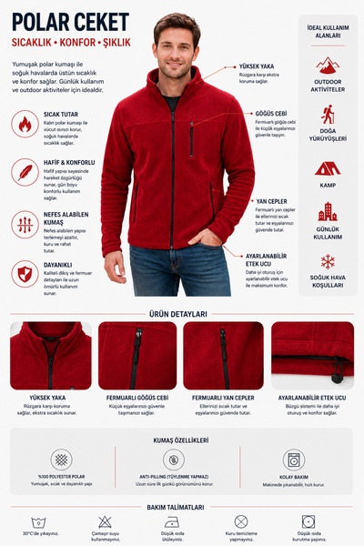 LUXIC CORE Men's Red Fleece Jacket with Zipper – Comfortable and Stylish Desi...