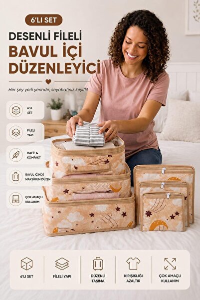 MorBebe Baby 6'lı Desenli Fileli Bavul Valiz Içi Düzenleyici Çok Amaçlı Organ...