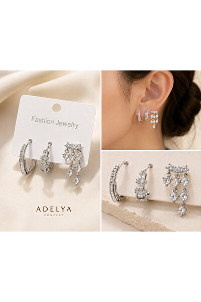 ADELYA CONCEPT طقم أقراط حلقية من 3 قطع مرصعة بحجر الزركون لون فضي