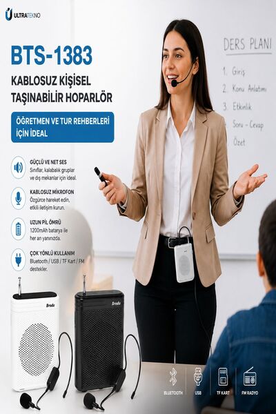 ULTRATEKNO Kablosuz Mikrofonlu Rehber Amfisi 3" Subwoofer Hoparlör Bluetooth Fm Usb Tf Kart Destekli Hoparlör