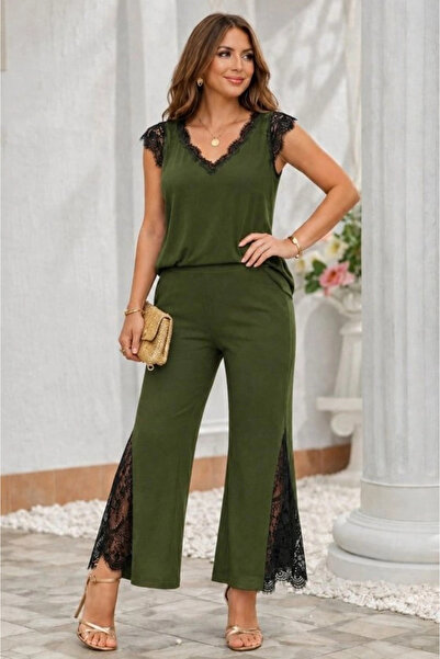 Butik Women's Short Sleeve V Lace Collar Sandy Blouse Trousers Two Piece Set