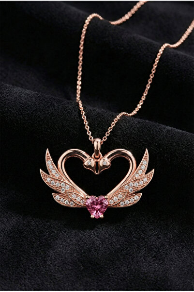 Roza Silver 925 Ayar Zirkon Taşlı Rose Birleşen Kuğular Kalp Motifli Gümüş Aş...