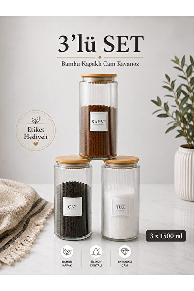 Lizzy 3'lü Ahşap VAKUMLU Kapaklı Çay Şeker Kahve Tuz Kavanozu Cam 1400 ML