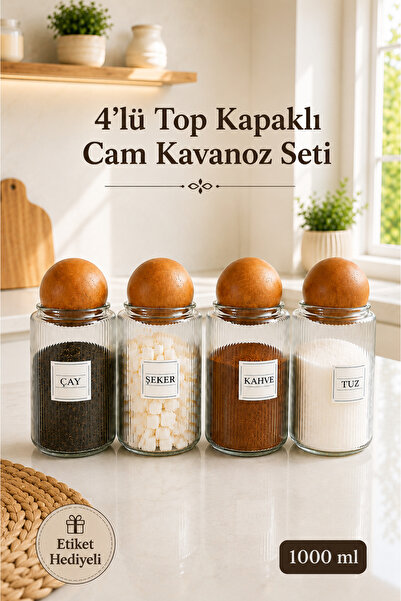 Lizzy 4'lü Ahşap Top Kapaklı Çay Şeker Kahve Tuz Kavanozu Cam 1000 ML