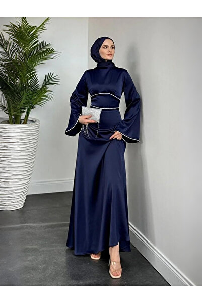 Aysan Moda Vlasi Kolu Ve Beli Taşlı Saten Abiye Lacivert
