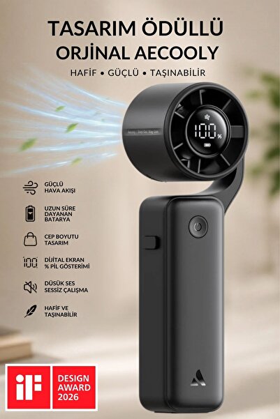 Aecooly PF04 Dijital LED Göstergeli 5 Kademeli Portatif Soğutucu El Fanı Siyah