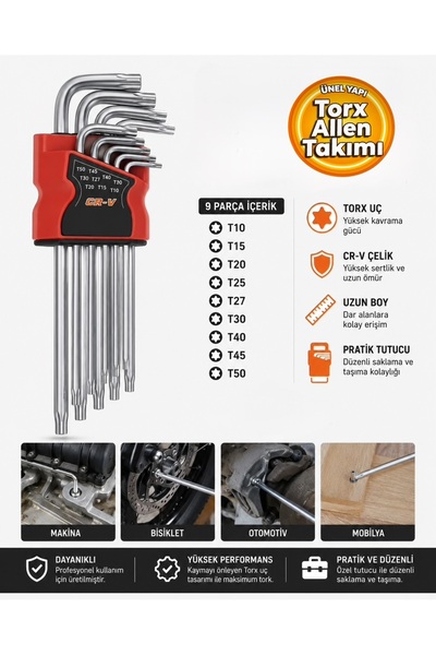 TURGUTLAR Uzun Boy Torx Başlı Yıldız Allen Takımı 9 Parça