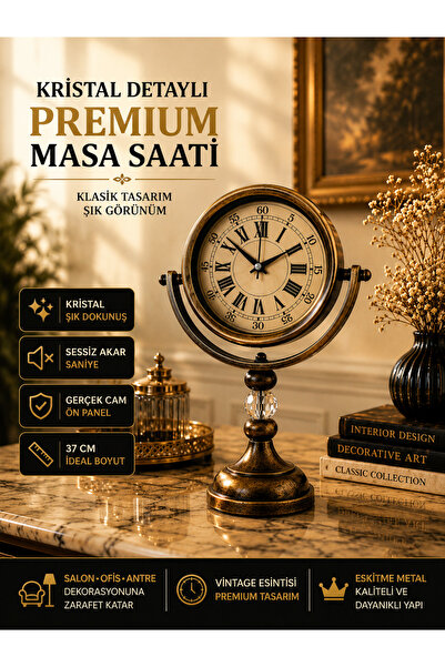 KOLAYEV Kristal Detaylı Dekoratif Masa Saati Vintage Eskitme Metal Sessiz Mek...