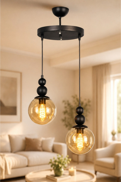 VENON Kardan Adam 2 Li Sarkıt Avize ❤️ Siyah Gövde BAL GLOP CAMLI❤️Salon Aviz...