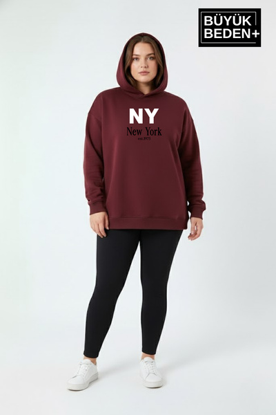 Süperlife سويت شيرت نسائي كبير الحجم بقلنسوة مطبوع عليه NY NewYork SPR26BSWK9...