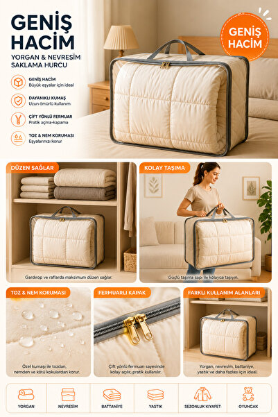 HİG HOME Set of 5 Storage Bags 41X51X16 cm Quilt, Blanket Storage and Organization Bag - with Handles & Zipper