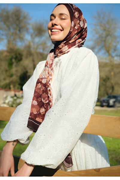 Freshscarfs Wild Botanical Desen İpek Krep Şal Sıcak Kahve