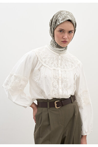 Freshscarfs Χακί Κασκόλ με Μοτίβο Μυστικής Κομψότητας από Βαμβάκι και Βισκόζη