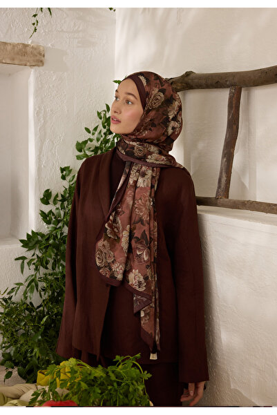 Freshscarfs Magnolıa Desen Rami Şal Sıcak Kahve