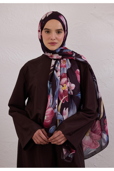 Freshscarfs Mürdüm Elegant Flower Desen Rami Şal