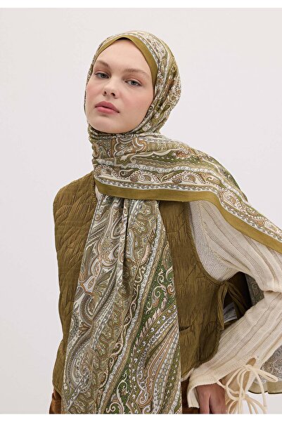 Freshscarfs Πράσινο εθνοτικό σάλι με φλοράλ σχέδιο σε αποχρώσεις ελιάς
