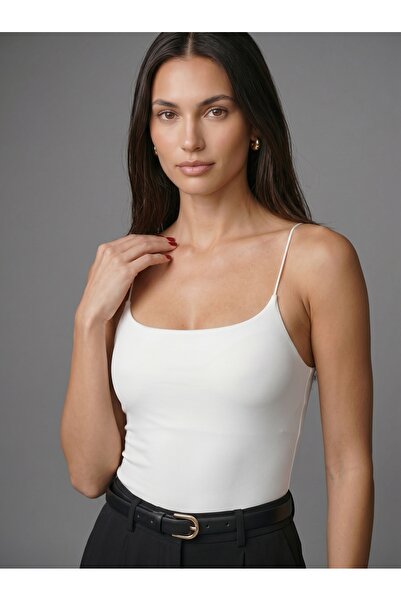 Noe Collection Kadın Beyaz İnce Askılı Bodysuit Çıtçıtlı Slim Fit Likralı Bas...