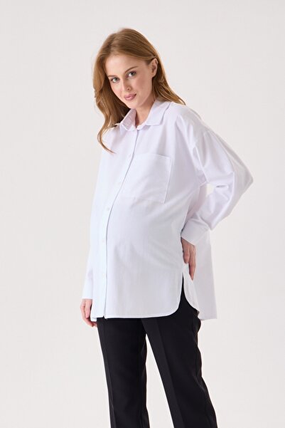 KATLİN MATERNİTY WEAR Hamile Oversize Kalıp Beyaz Poplin Kumaş Gömlek, Tek ce...
